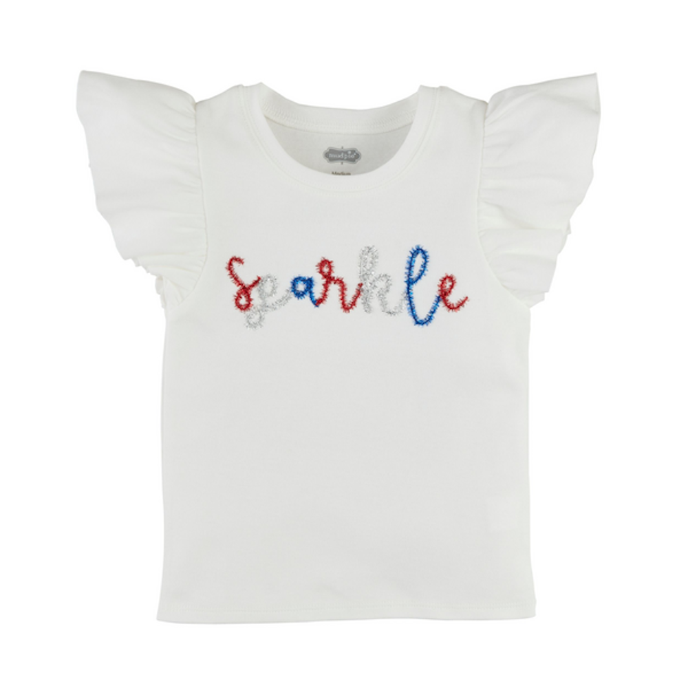 White flutter-sleeve shirt with "sparkle" in red, white, and blue tinsel script.