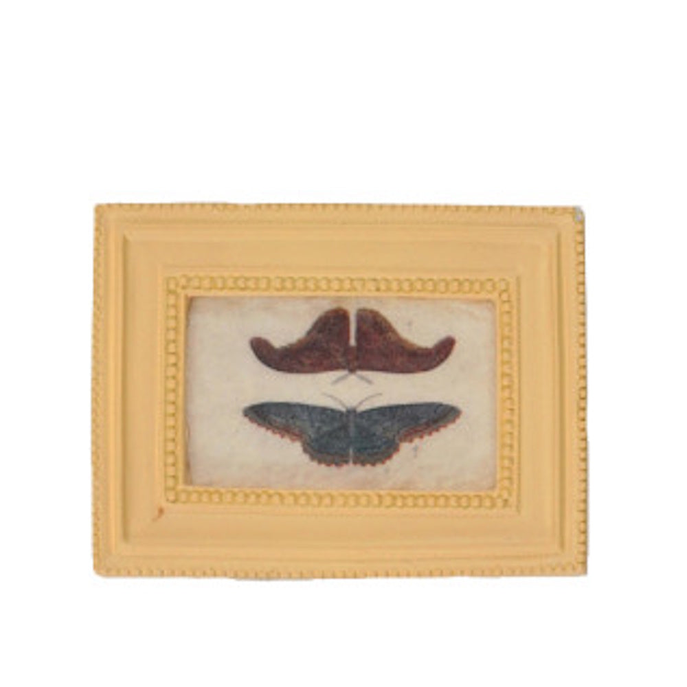 Rectangular yellow mini framed art magnet featuring a vintage butterfly specimen illustration.
