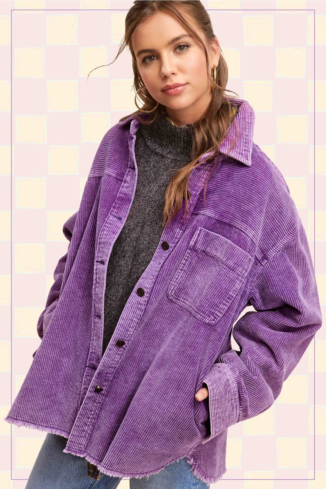 Oversized Washed Fabric Corduroy Button Down Jacket