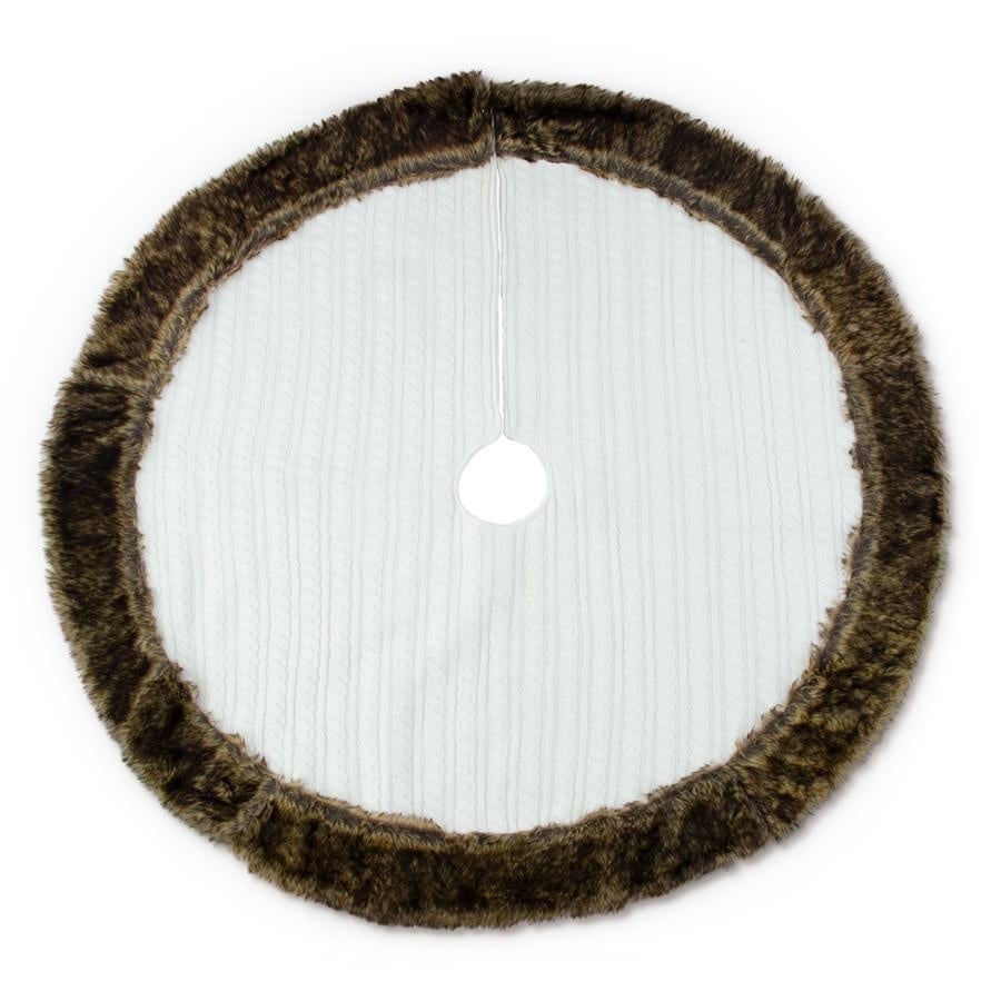 White Cable Knit Tree Skirt W/Brown Fur Trim