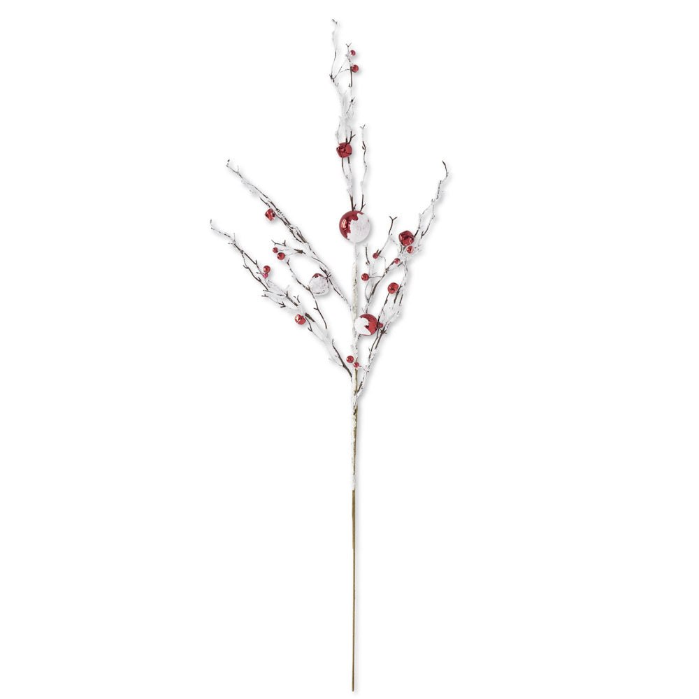 Red Ornaments & Bells Glittered Flocked White Branch