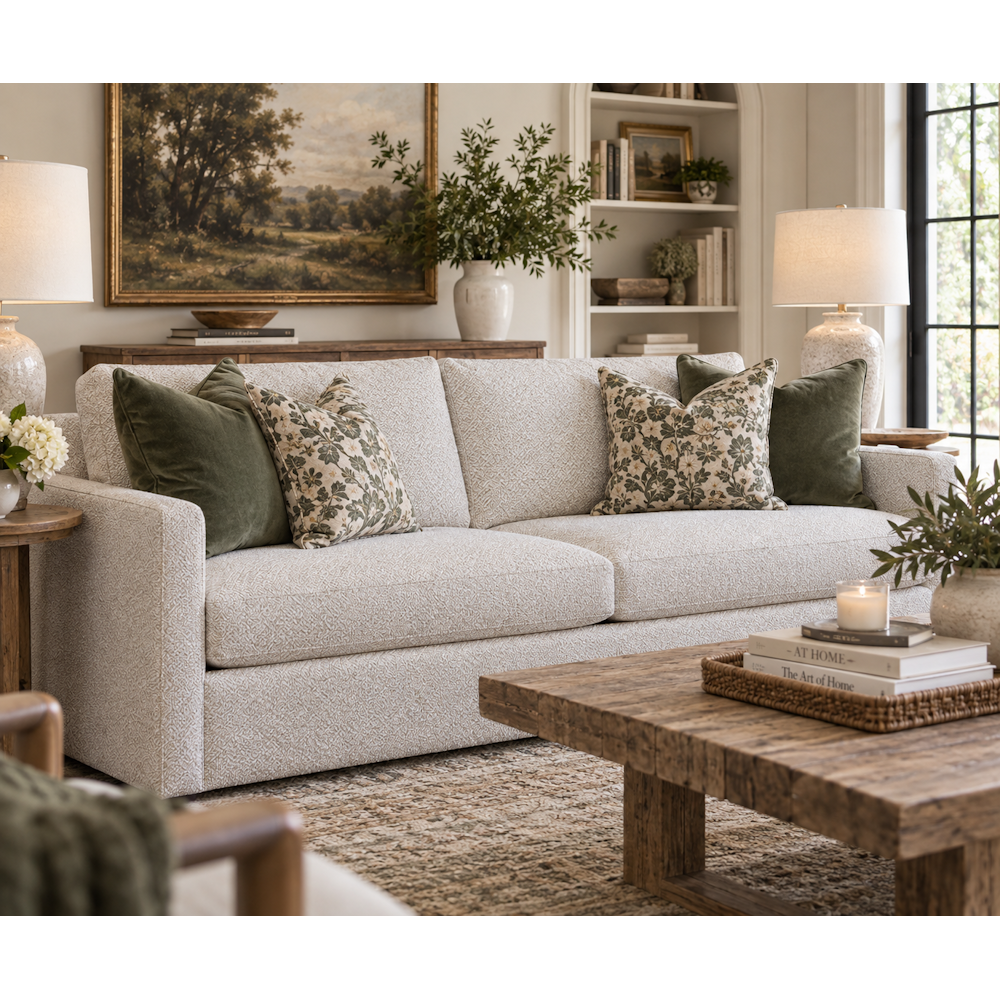 A light-colored woven chevron linen sofa styled with solid green and floral patterned throw pillows in a warm living room.