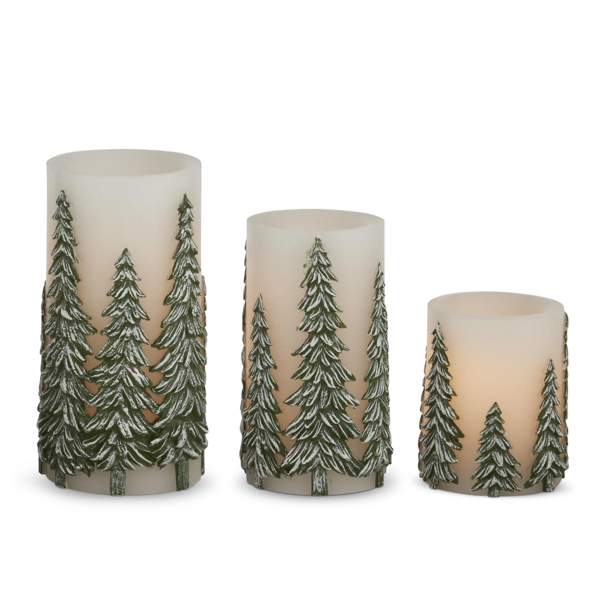 Small Green Embossed Trees LED Pillar Candle