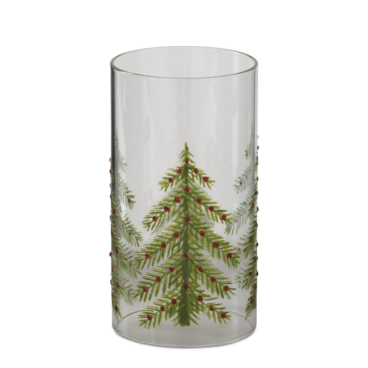Glass candle slip cover featuring a green tree design with red berries.