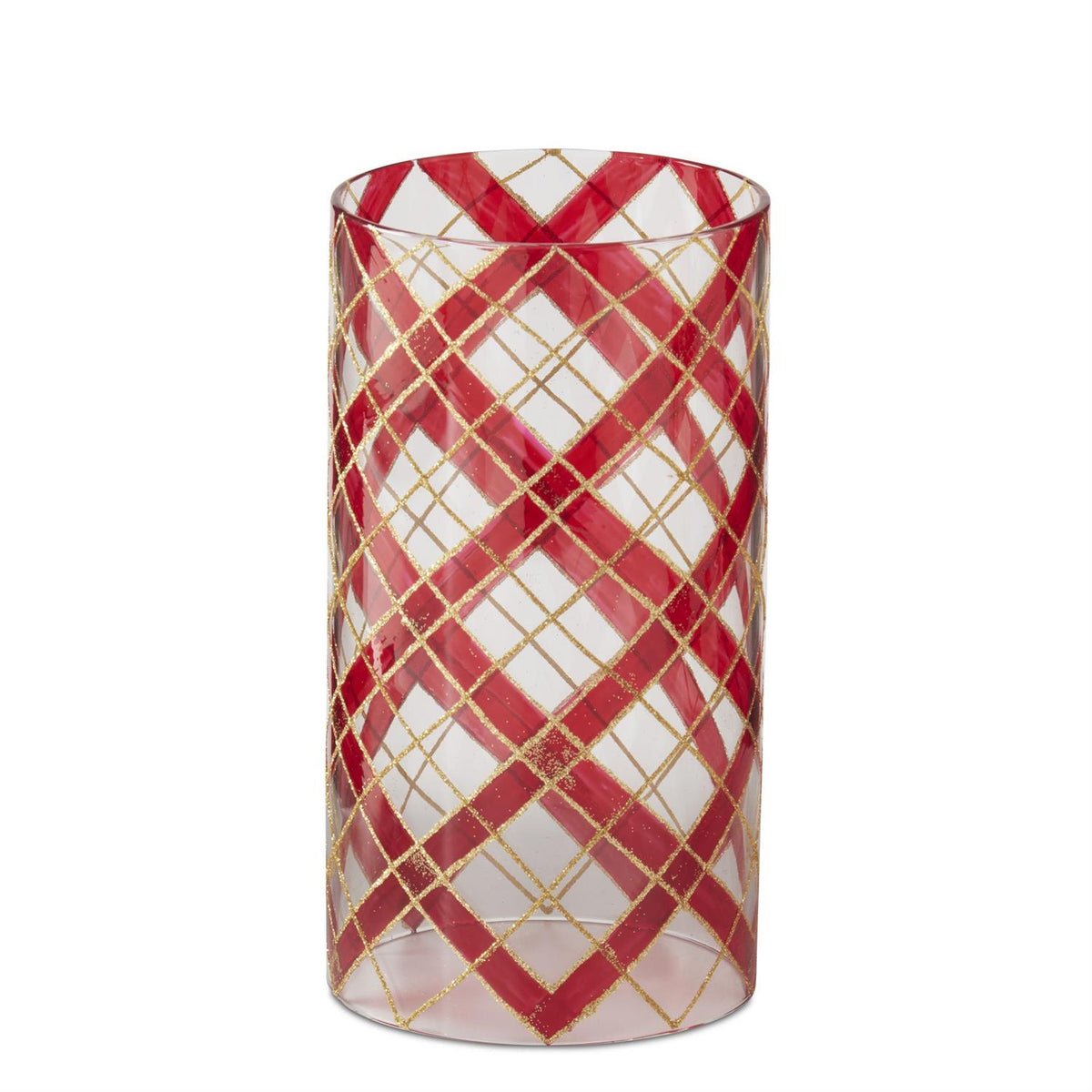 Glass candle slip cover featuring a red plaid pattern with gold glitter.