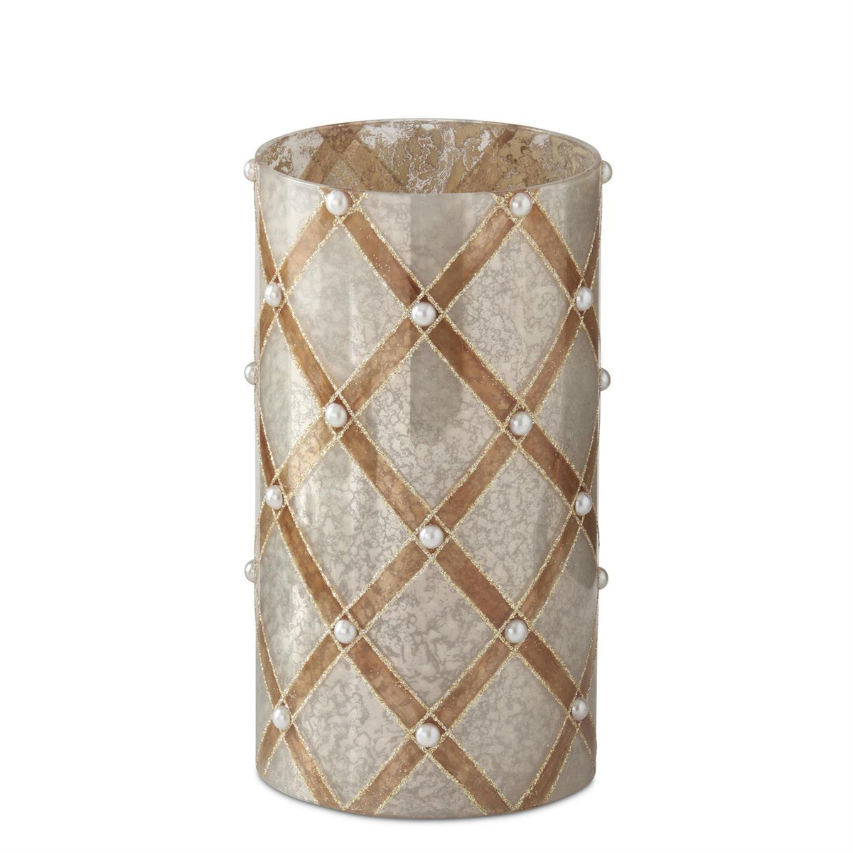 Glass candle slip cover featuring a gold criss-cross pattern and pearls.