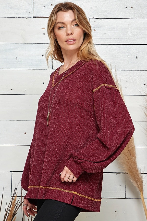 Knit Solid Loose Wide Neck Top