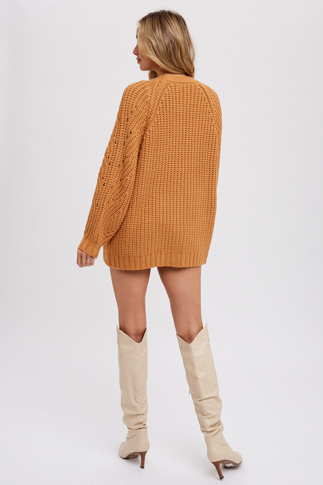 Chunky Pointelle Open Front Cardigan Camel — alternate view 3