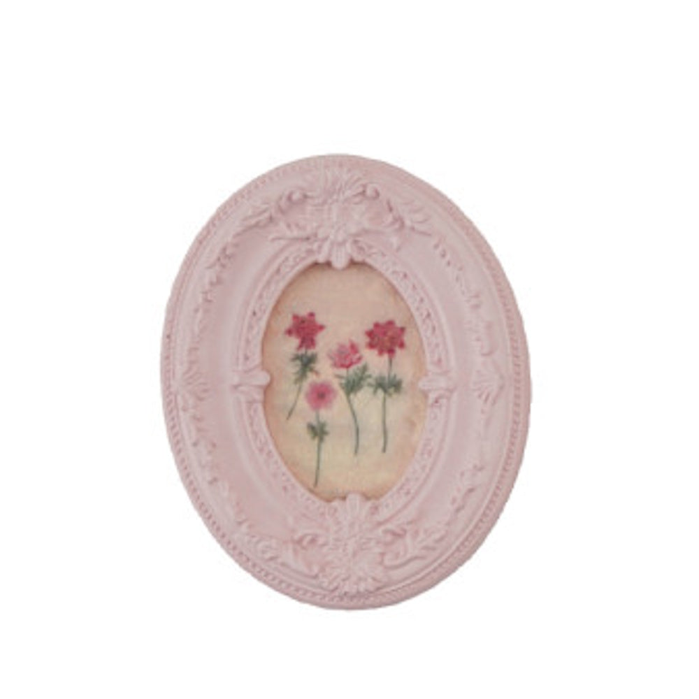 Oval light pink mini framed art magnet featuring a vintage pink wildflower illustration.