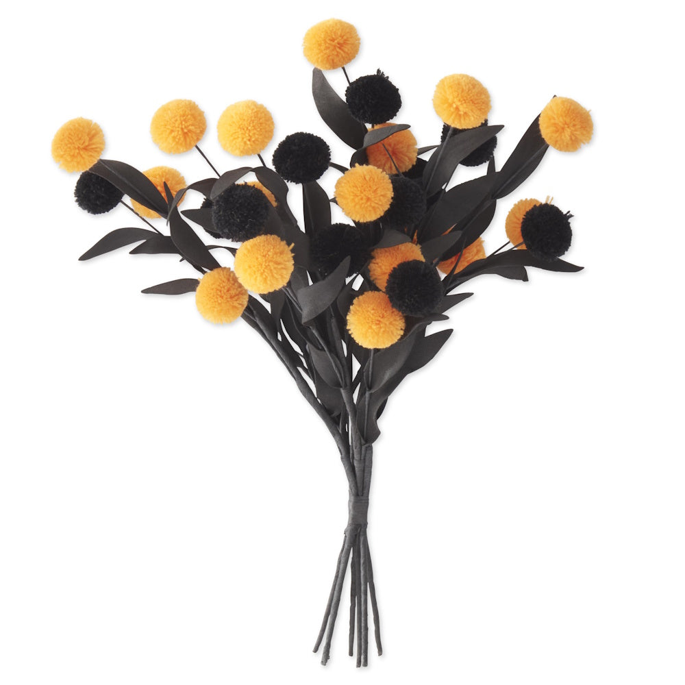 Bundle of artificial black and orange pompom picks with black leaves tied together at the stems.