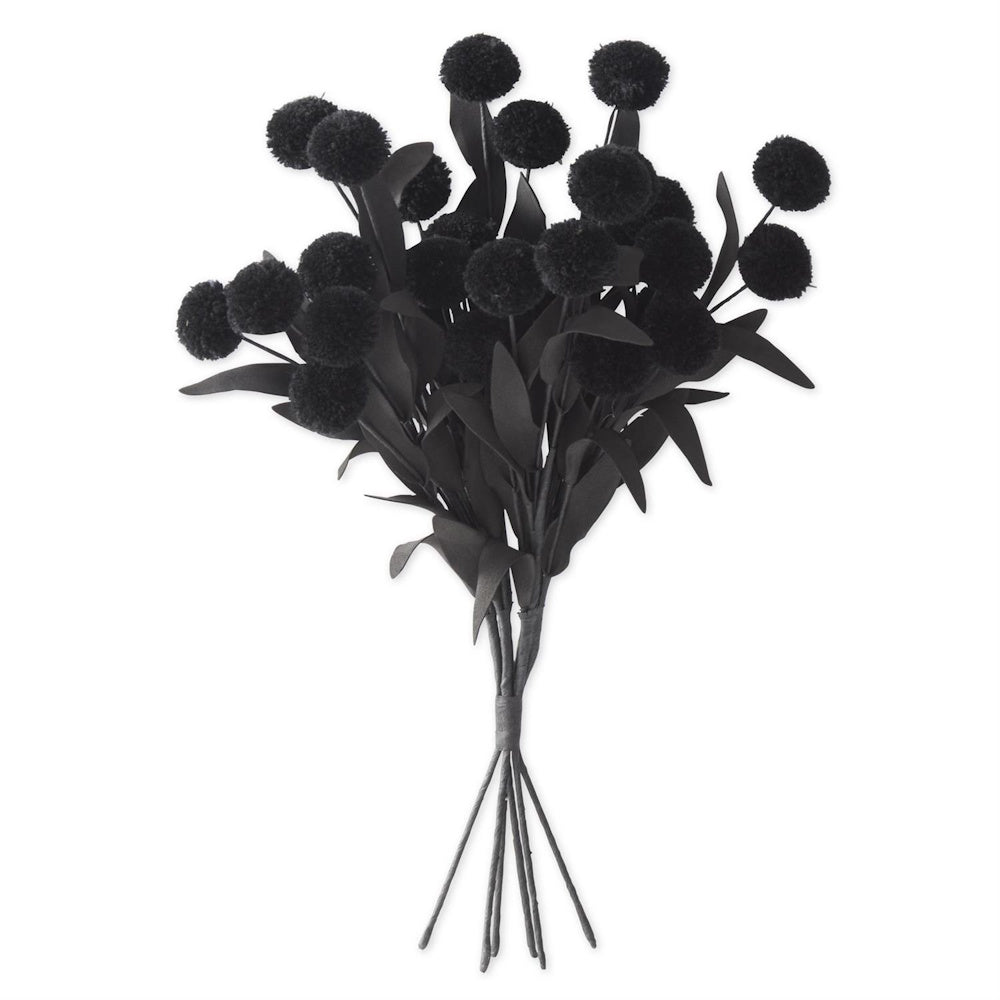 Bundle of artificial black pompom picks with matching black leaves tied together at the stems.