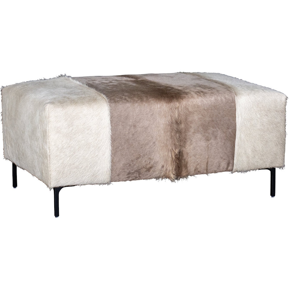 Rectangular champagne and dark brown cowhide fur ottoman bench table with black legs.