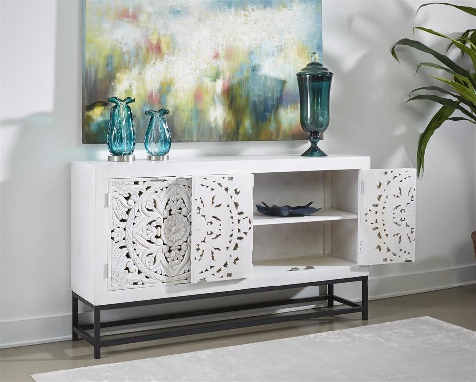 Floral White Wash Four Door Credenza — alternate view 2
