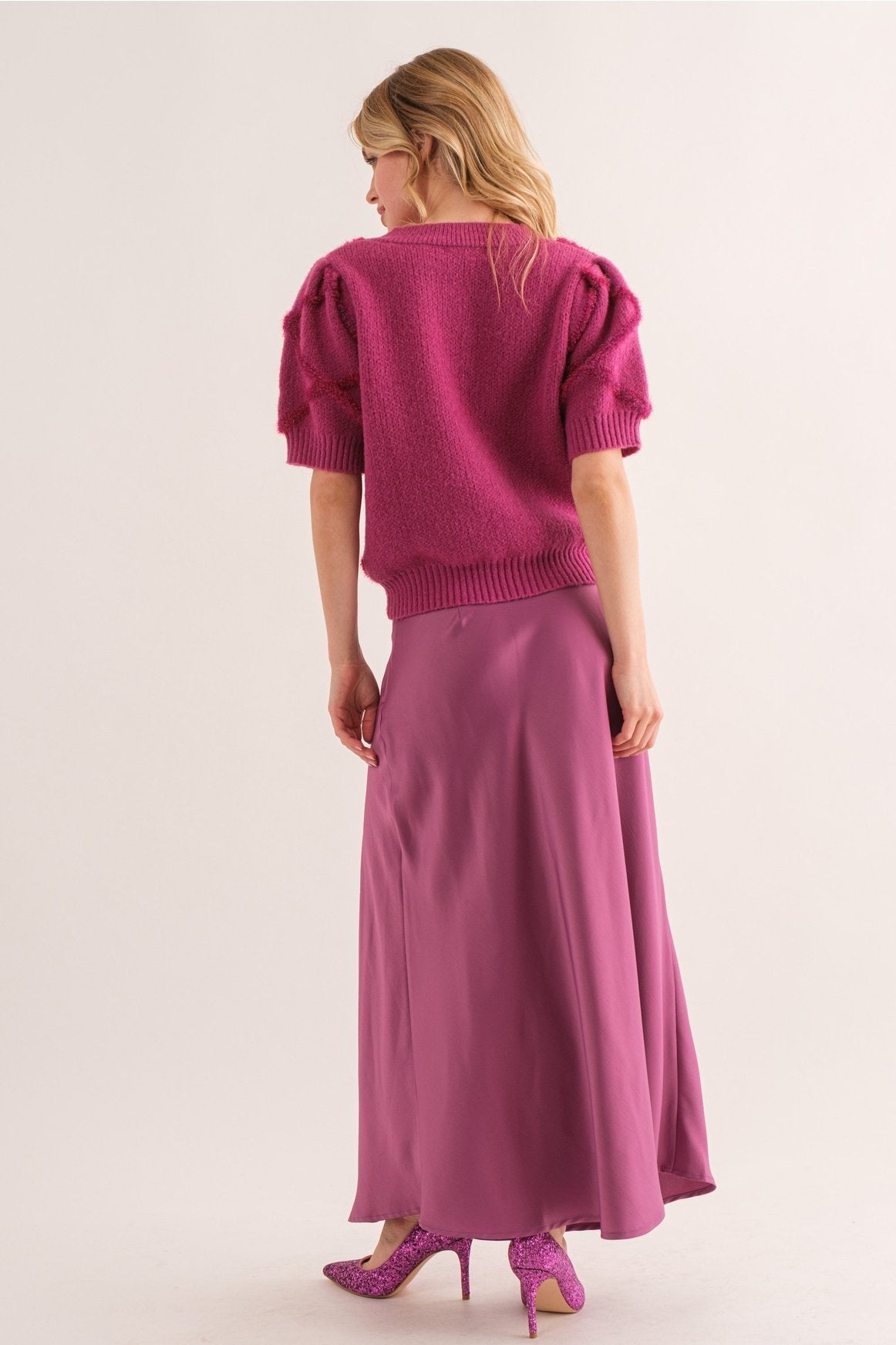 Texture Detail Knit Short Sleeve Top Magenta — alternate view 3