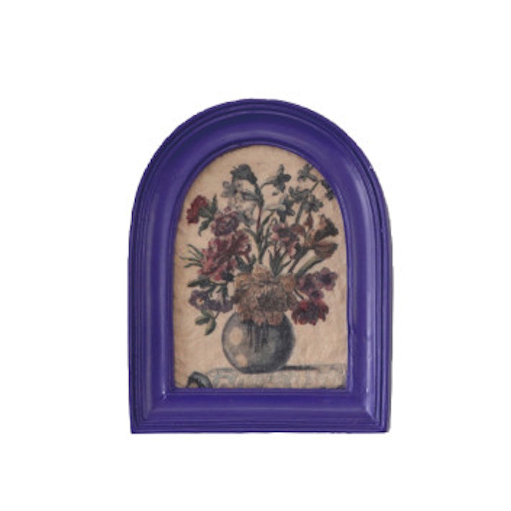Arched purple mini framed art magnet featuring a vintage bouquet print.