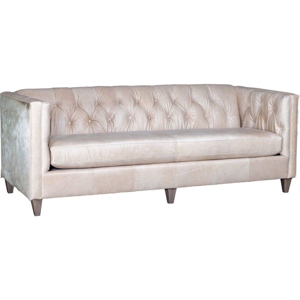 Modern tufted beige leather sofa with wooden legs, ideal for a contemporary living room design.