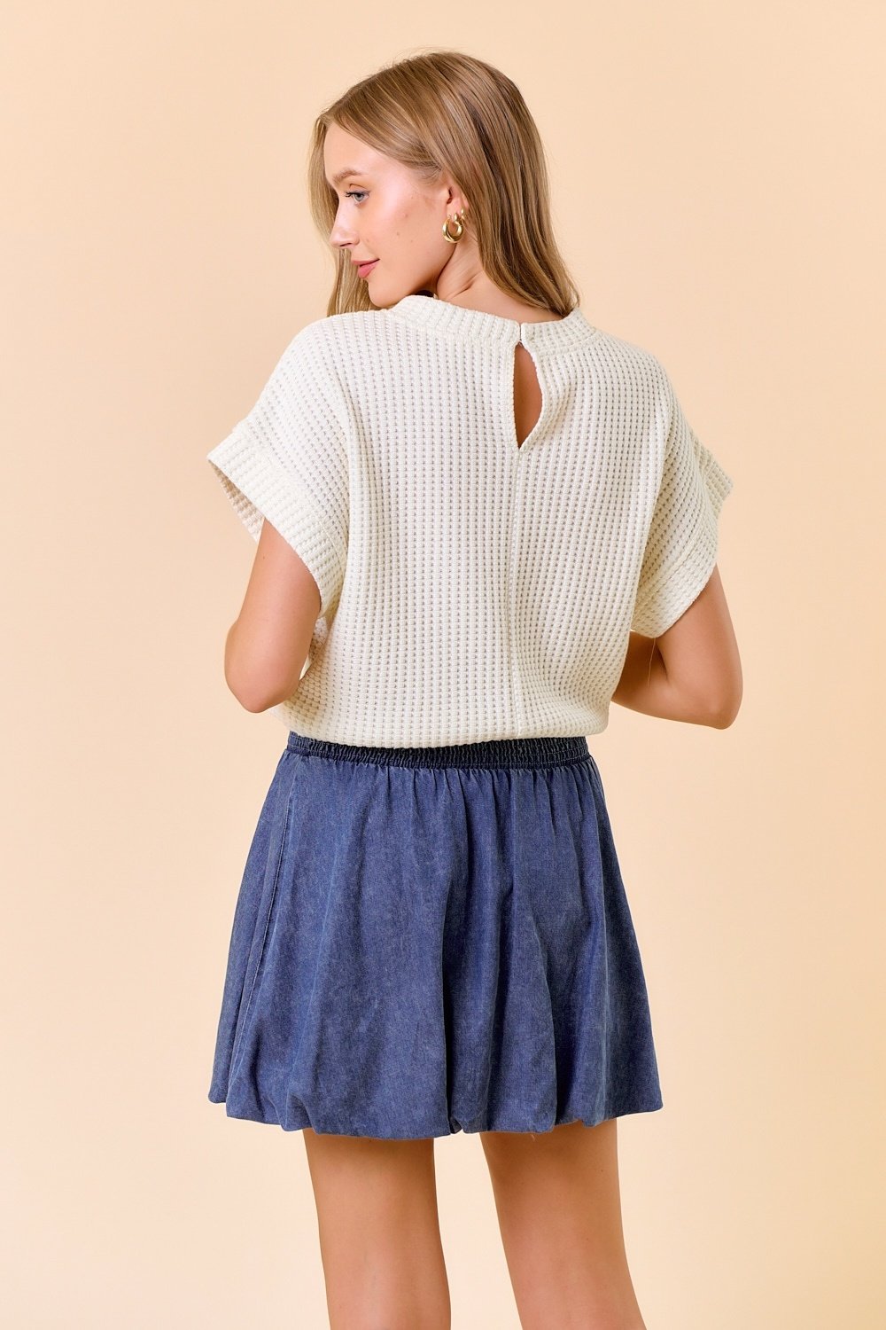 Cotton Waffle Dolman Sleeve Drawstring Hem Top — alternate view 2