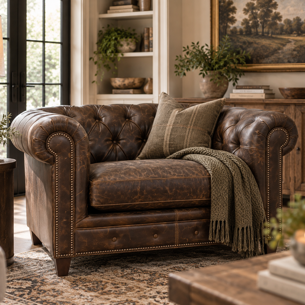 Brown leather armchair with tufted back, rolled arms, nailhead trim, throw pillow, and blanket.   