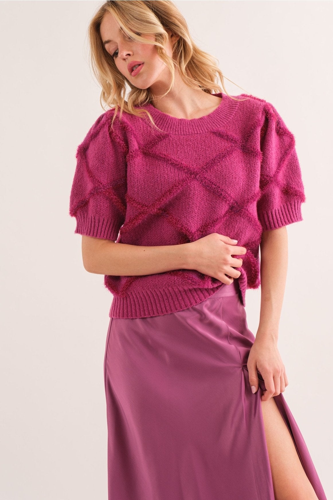 Texture Detail Knit Short Sleeve Top Magenta — alternate view 4