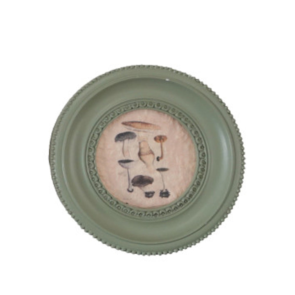 Round sage green mini framed art magnet featuring a vintage mushroom botanical illustration.