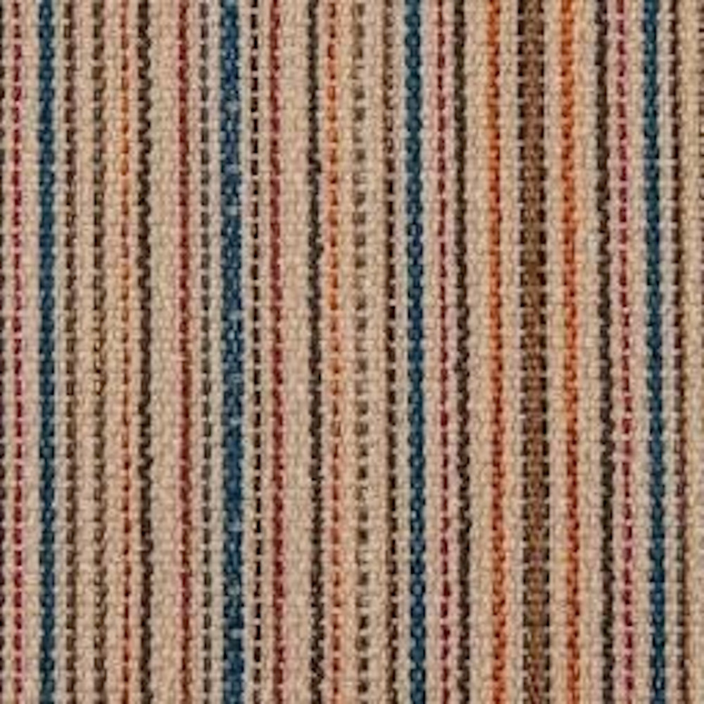 Fabric swatch close-up featuring vertical striped pattern in blue, rust, brown, and cream tones.