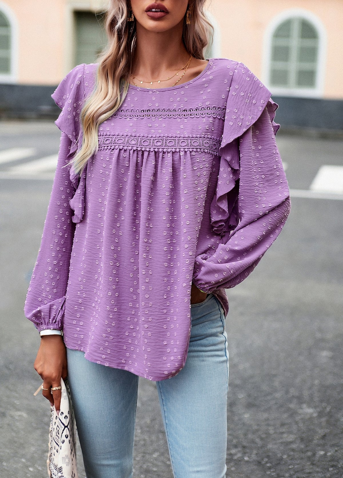 Swiss Dots Ruffle Trim Long Sleeve Blouse - Purple