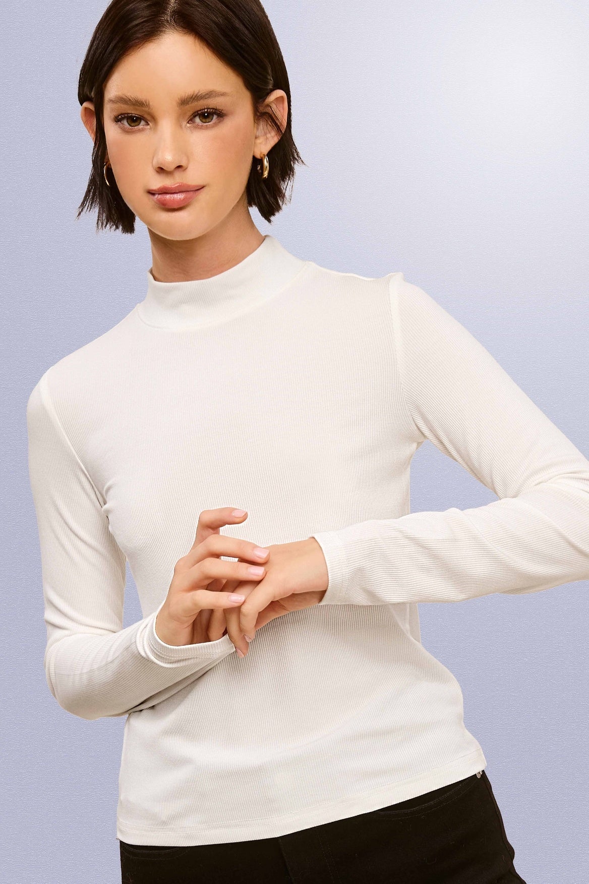 Stretchy Ribbed Long Sleeve Mock Neck Basic Top