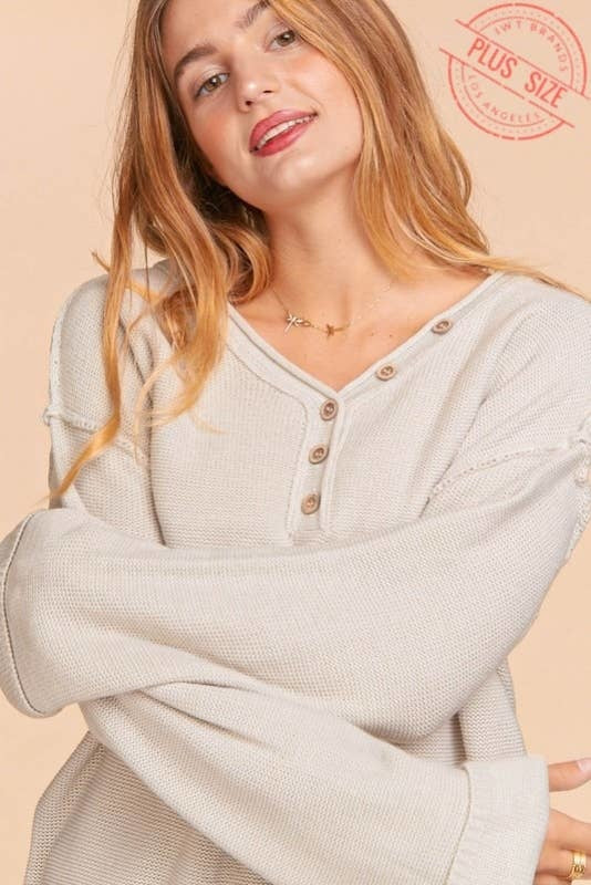 v neck button down oversized long sleeve oatmeal — alternate view 3
