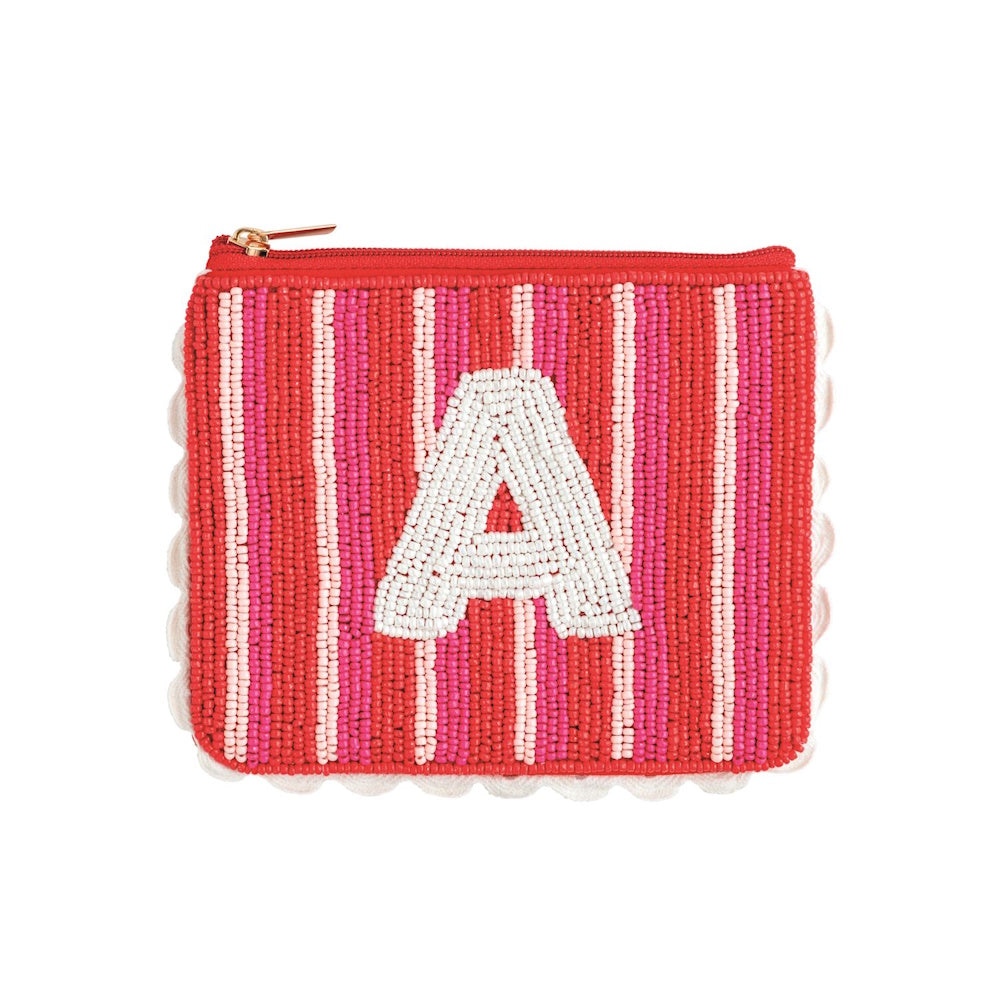 Beaded pouch with red and pink stripes, scalloped trim, and a centered white initial letter A.