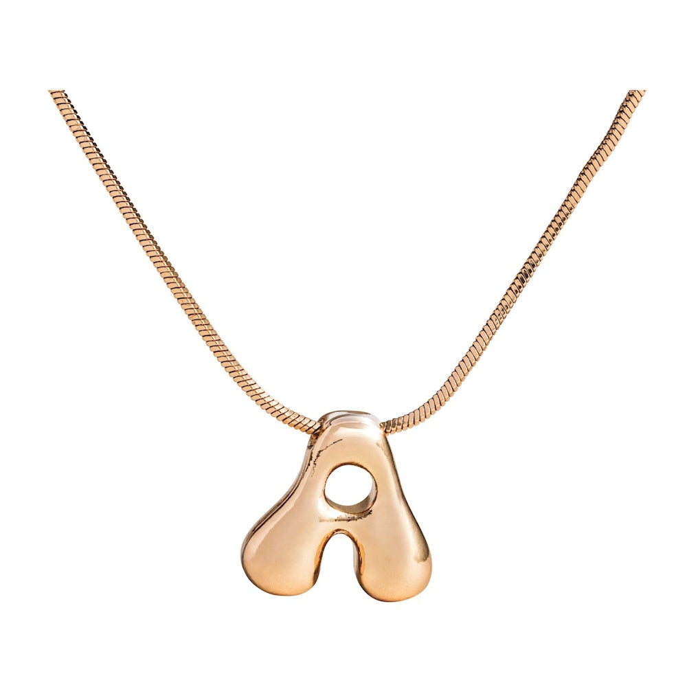 Gold necklace featuring a puffy, bubble-style initial letter A pendant on a matching chain.