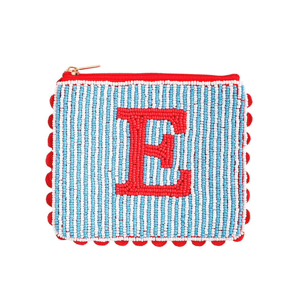 Beaded pouch featuring light blue and white stripes with a bold red initial "E" and scalloped trim.
