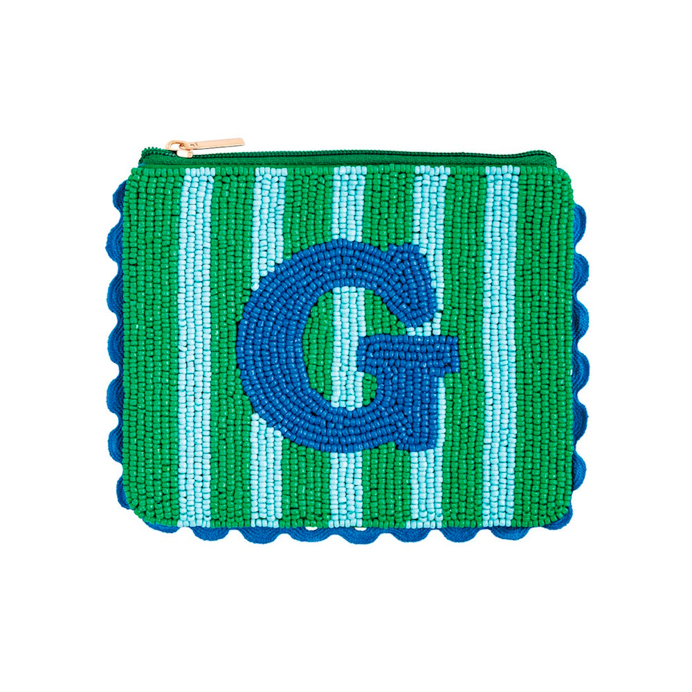 Green and light blue striped beaded pouch featuring a dark blue initial letter "G".