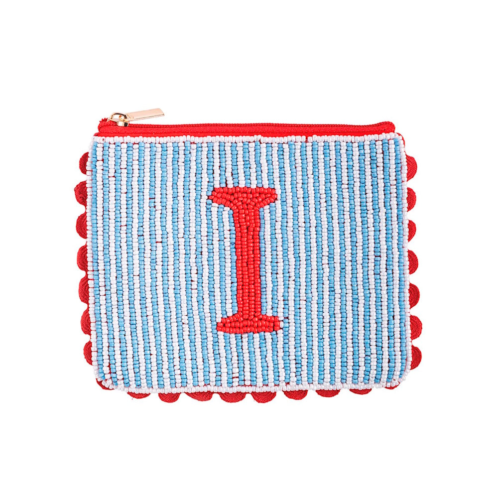 Beaded zip pouch with blue and white stripes, a red initial letter "I", and red pom-pom trim.