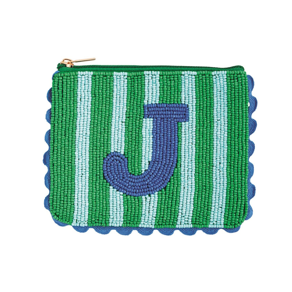 Beaded green striped pouch featuring a blue initial "J" in the center with scalloped trim.