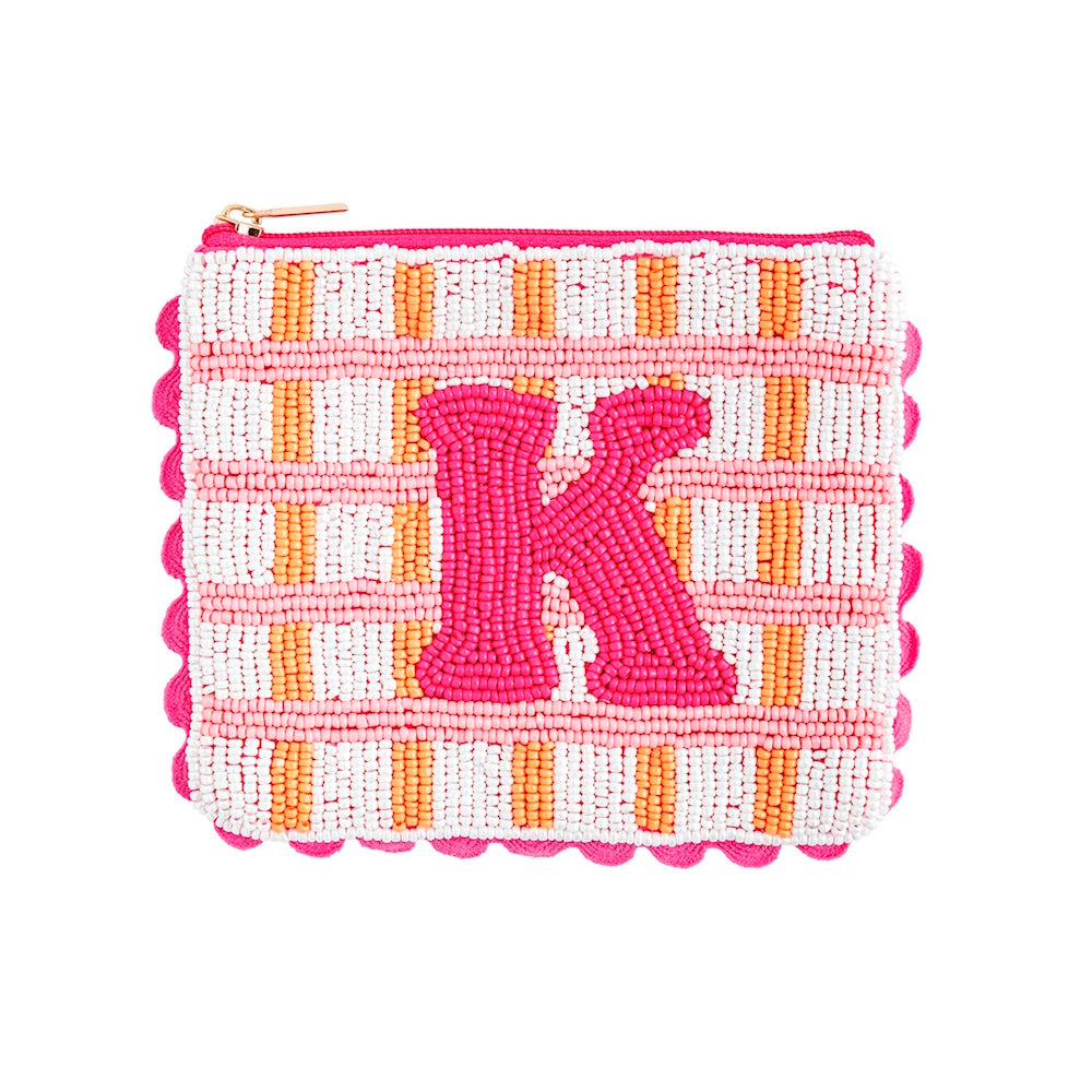 Beaded zippered pouch with pink, orange, and white plaid, a hot pink letter "K," and scalloped trim.