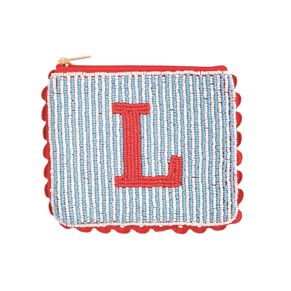 Beaded pouch featuring a red initial "L" on a light blue and white striped pattern.