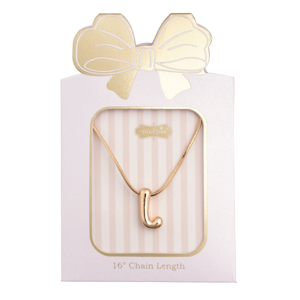 Gold initial "L" pendant necklace packaged in a pink box with a gold bow design.