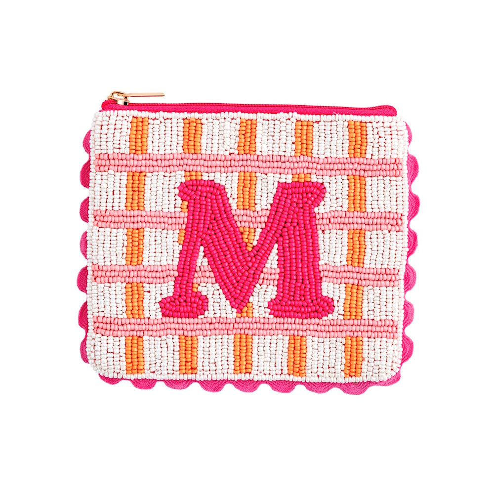 Pink, orange, and white plaid beaded pouch featuring a bright pink initial letter "M".