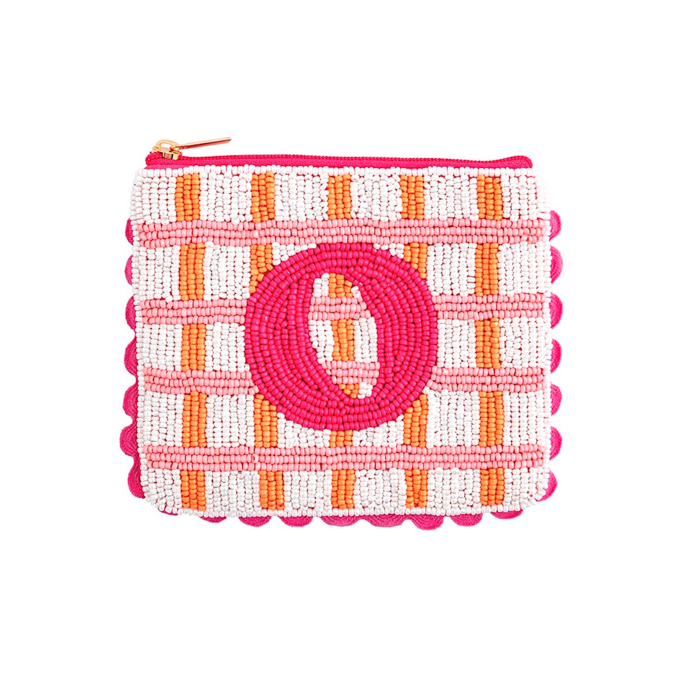 Beaded zip pouch with pink and orange plaid pattern, a hot pink letter "O", and pom-pom trim.