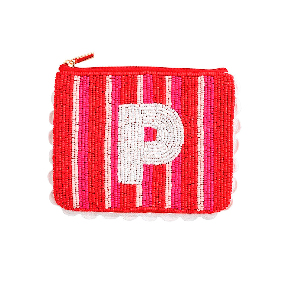Beaded red and pink striped pouch featuring a white initial "P" in the center with scalloped trim.