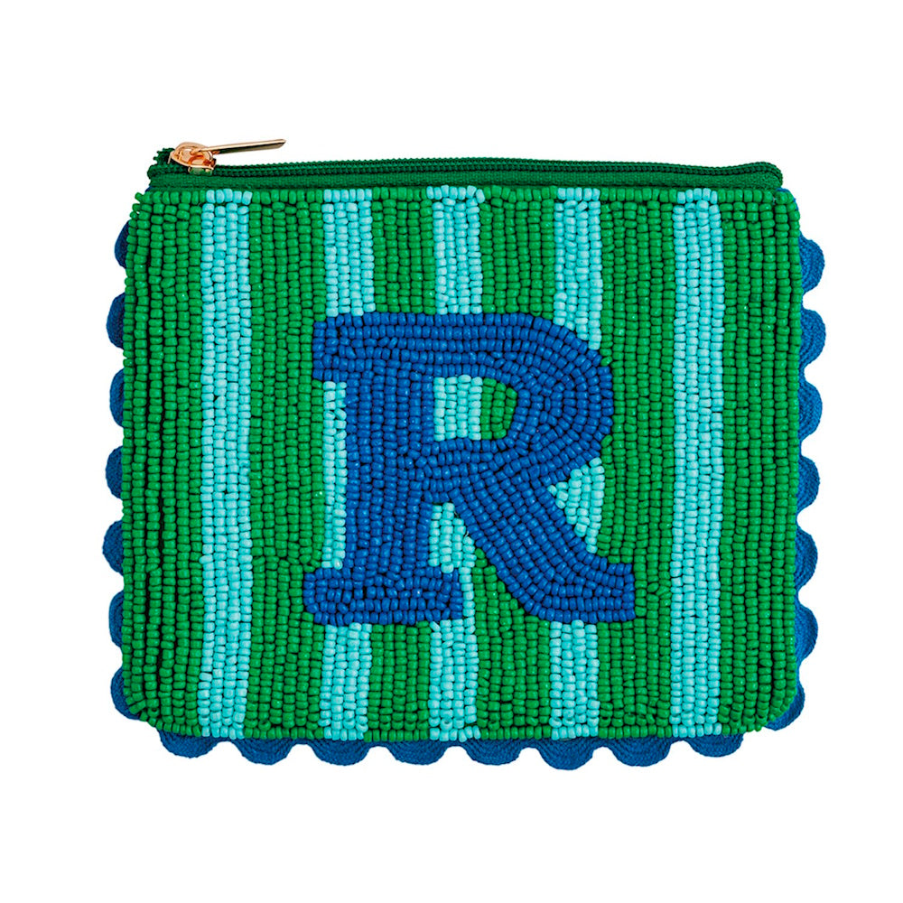 Beaded zippered pouch with green and light blue stripes, a dark blue letter "R," and scalloped trim.