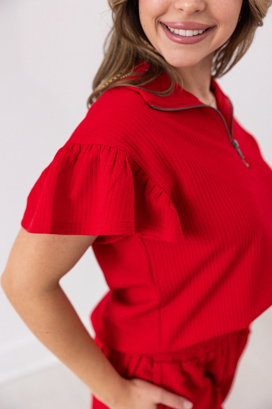 Red Quarter Zip with Flutter Sleeves — alternate view 2