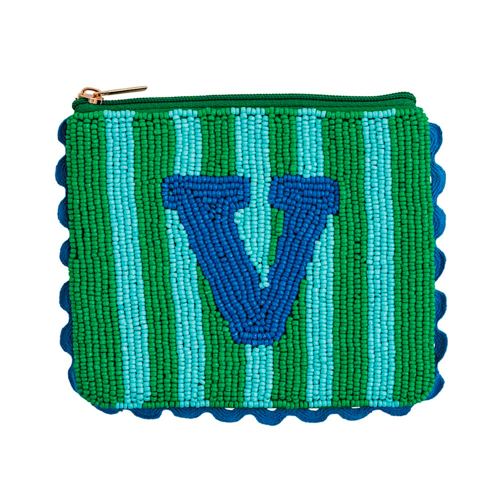Green and light blue striped beaded pouch featuring a dark blue initial letter "V".