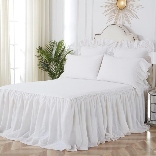 Ruffled white queen bedspread, folded product shot showing the ruffled edge detail