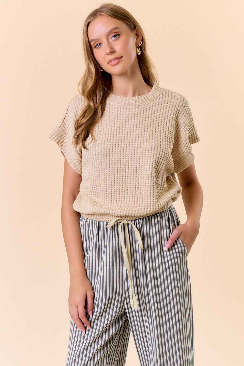 Cotton Waffle Dolman Sleeve Drawstring Hem Top — alternate view 4