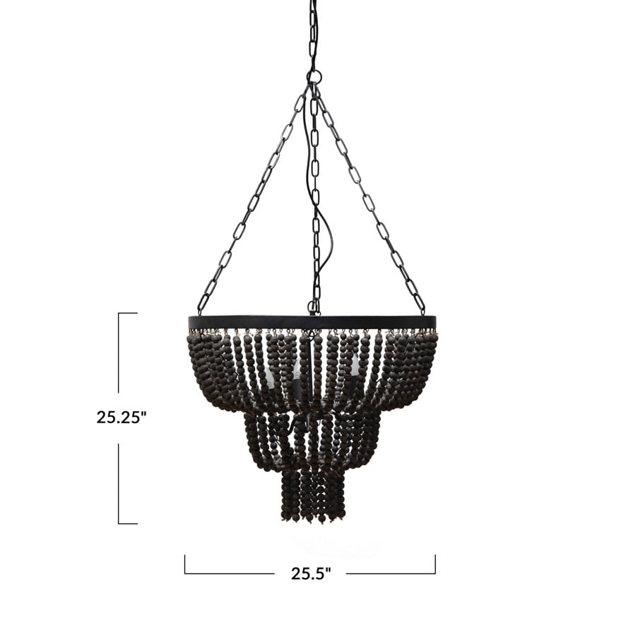 Metal & Wood Pendant Lamp w/ Wood Beads, 3 Bulbs, 6' Chain & 10' Cord, Black — alternate view 3