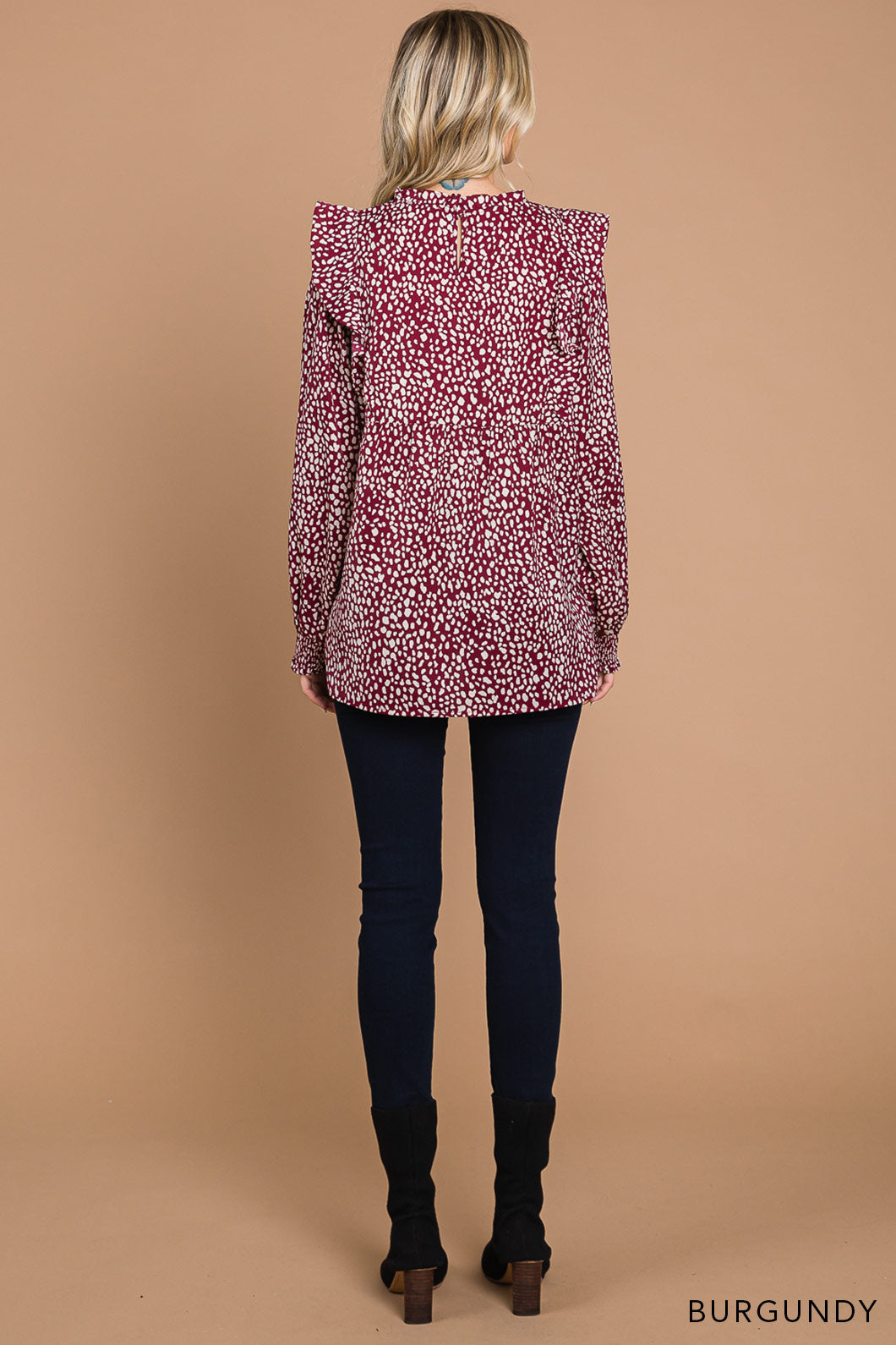 Women's Abstracted Animal Prints Ruffle Shoulder Top - Burgundy — alternate view 3
