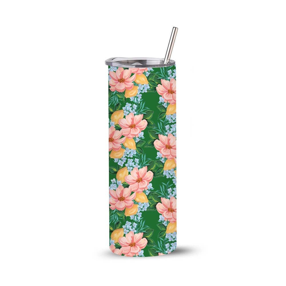 Tall green skinny tumbler with a pattern of pink flowers, yellow lemons, blue blossoms, and a metal straw.