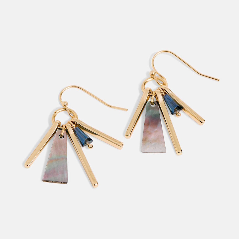 Gold dangle earrings with iridescent abalone shell pendants, navy crystals, and gold bar charms on a white background.