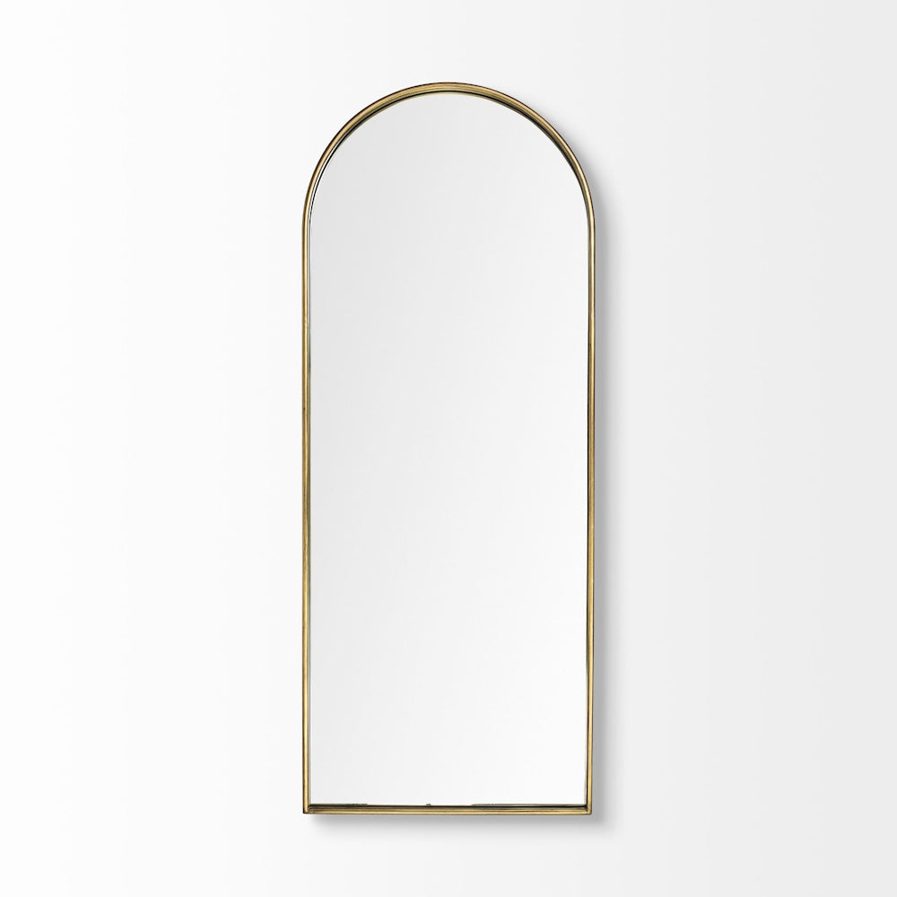 Full-length floor mirror featuring an arched top and a thin gold metal frame on a white background.